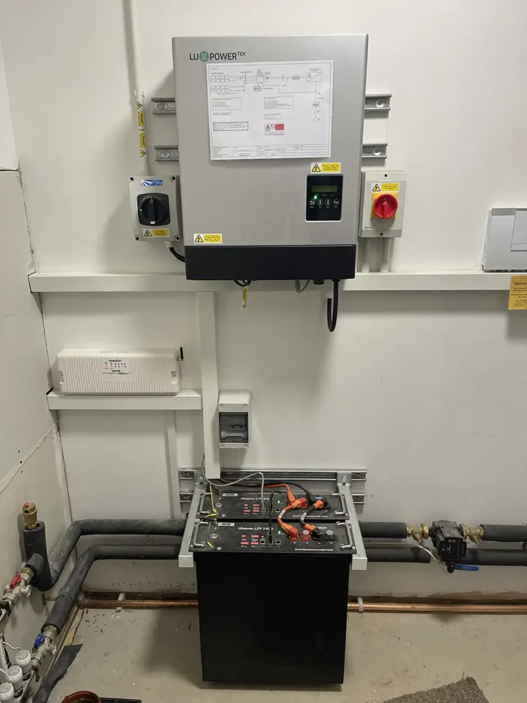 Lux Power solar PV battery storage system with inverter, installed for efficient energy management and backup power supply.
